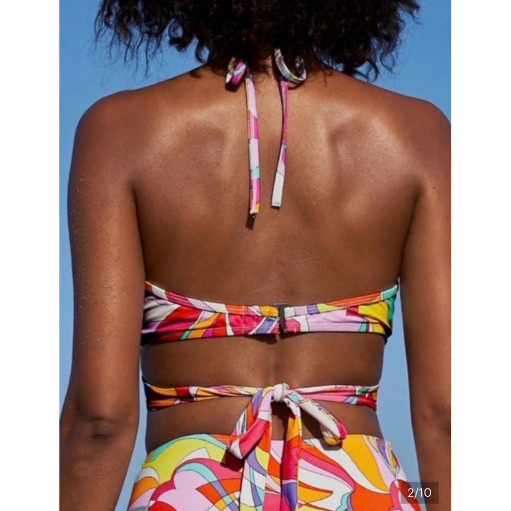 Carmen Marc Valvo C7DB14 Wrap Underwire Bikini Top Multi Retro Print New - Picture 2 of 7
